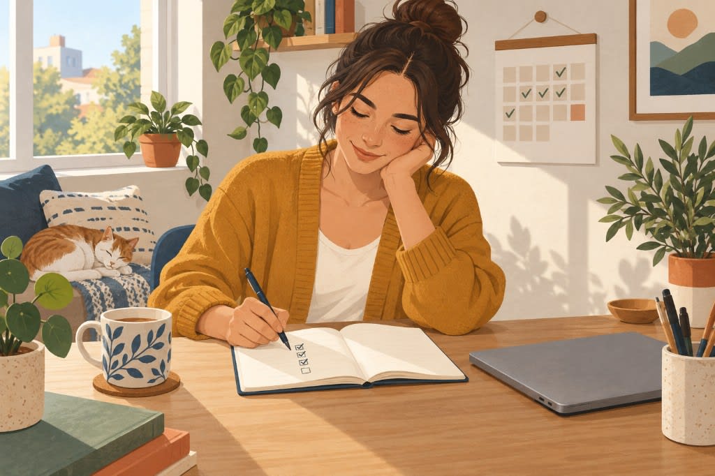 Checking off one small commitment in a notebook, the daily follow-through that builds self-trust