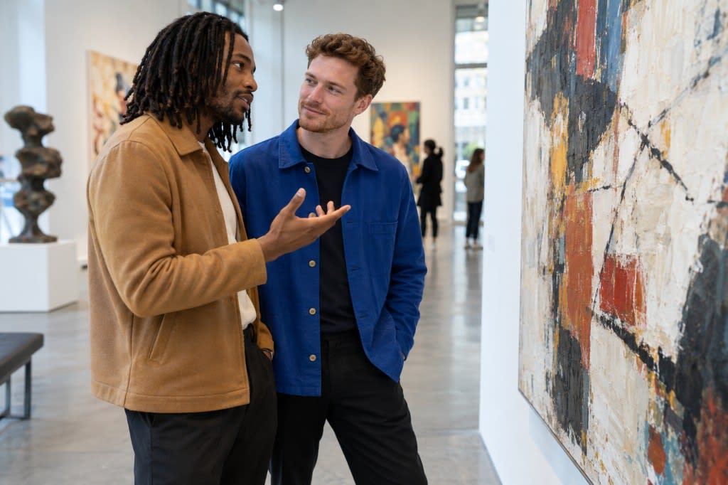 A couple on a gallery date talking through a painting together, the conversation carrying the attraction