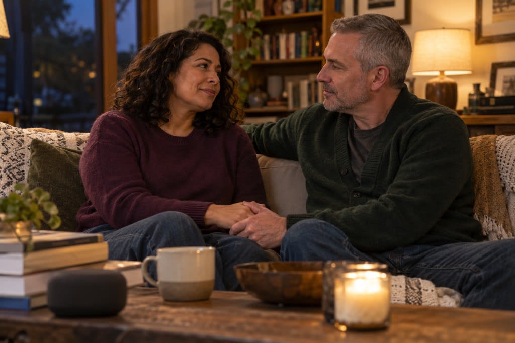 A long-term couple sitting close on the couch holding hands, present with each other rather than debating
