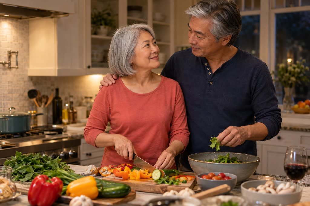 A couple cooking dinner together, connecting through a shared activity rather than through conversation alone