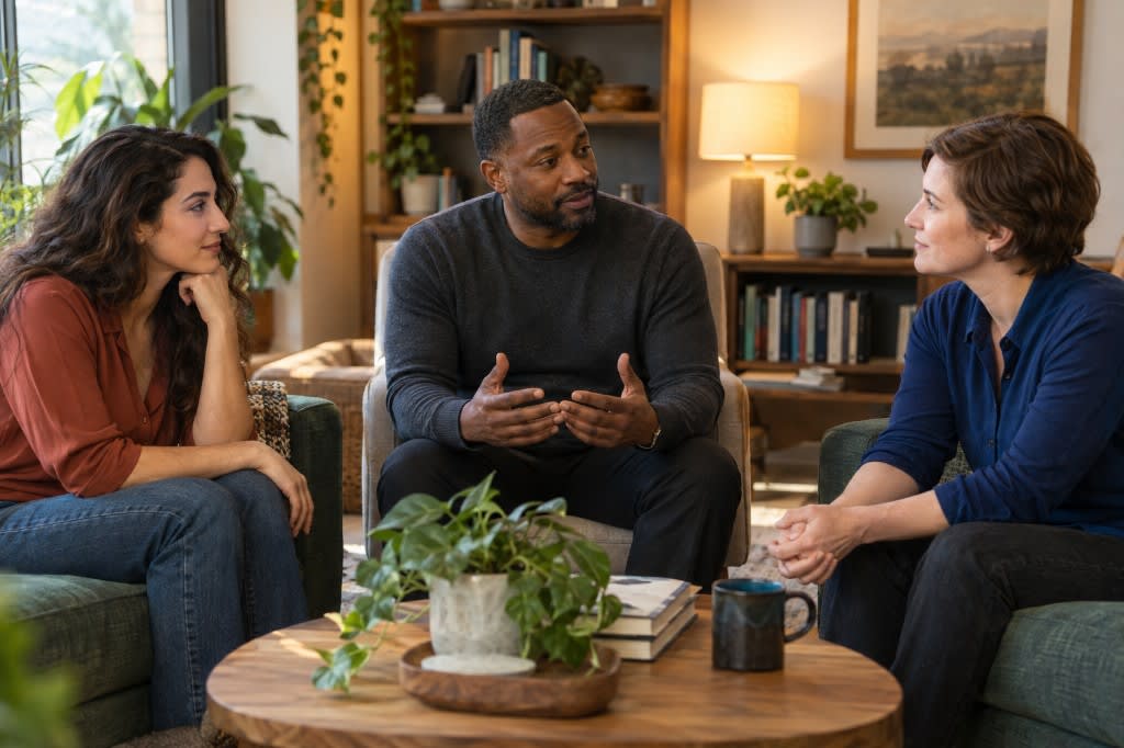A couple in session with a therapist, learning to bring feelings into the conversation instead of debating