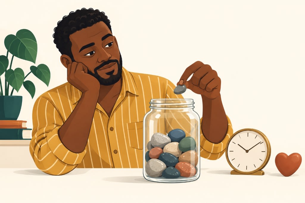A man resting his chin on his hand as he drops another stone into a jar already full of them, beside a clock and a small heart