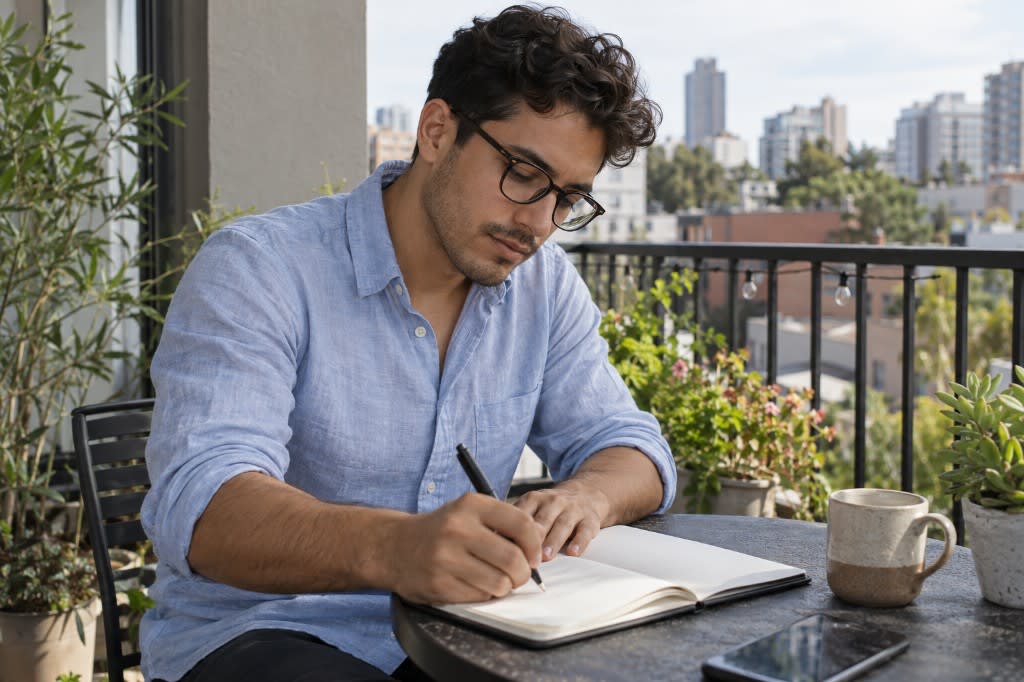 A man writing in a notebook at a small table on his balcony, working out what he actually needs