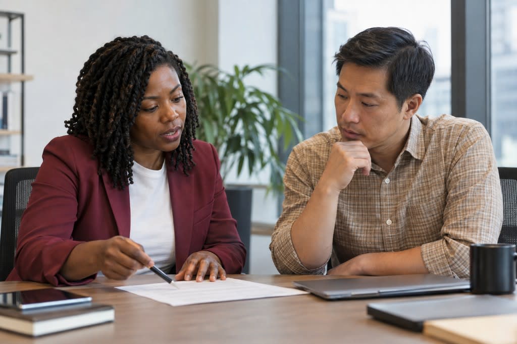 Two colleagues at a conference table reviewing a printed list of projects together, working out priorities