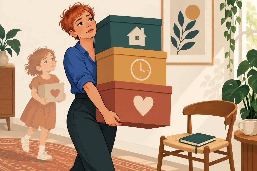 A woman carrying a heavy stack of boxes labeled with a house, a clock, and a heart while a small child follows behind her
