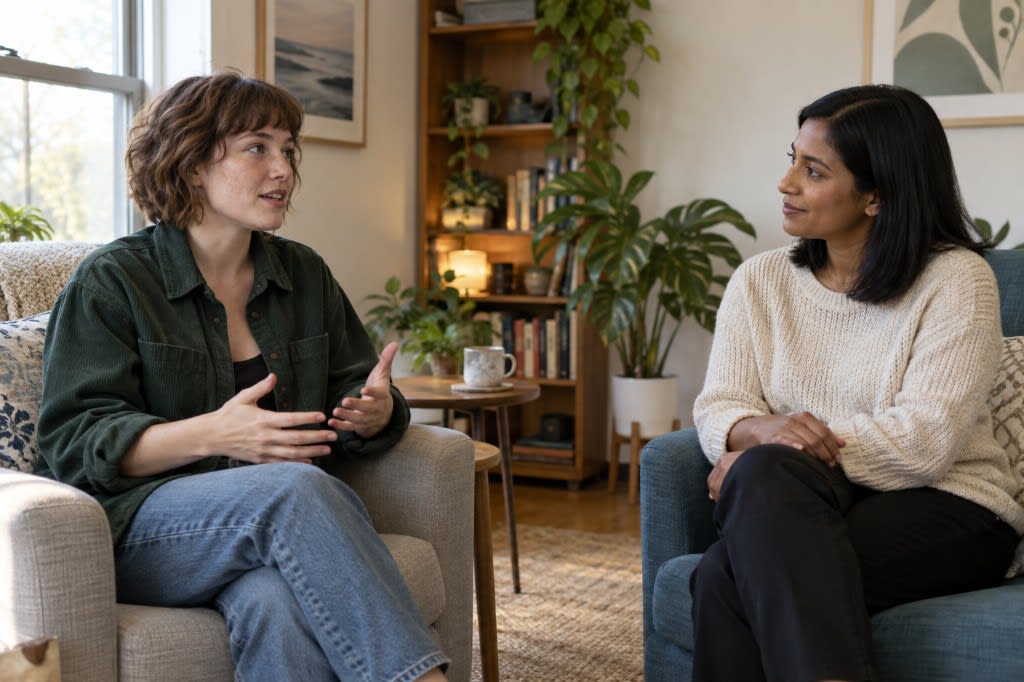 Two women sitting across from each other in a living room, one speaking openly with her hands while the other listens