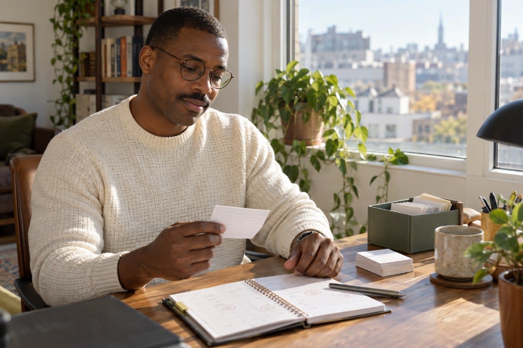 A man at a home desk reviewing an index card from a card box, with a paper calendar open in front of him marking his review days