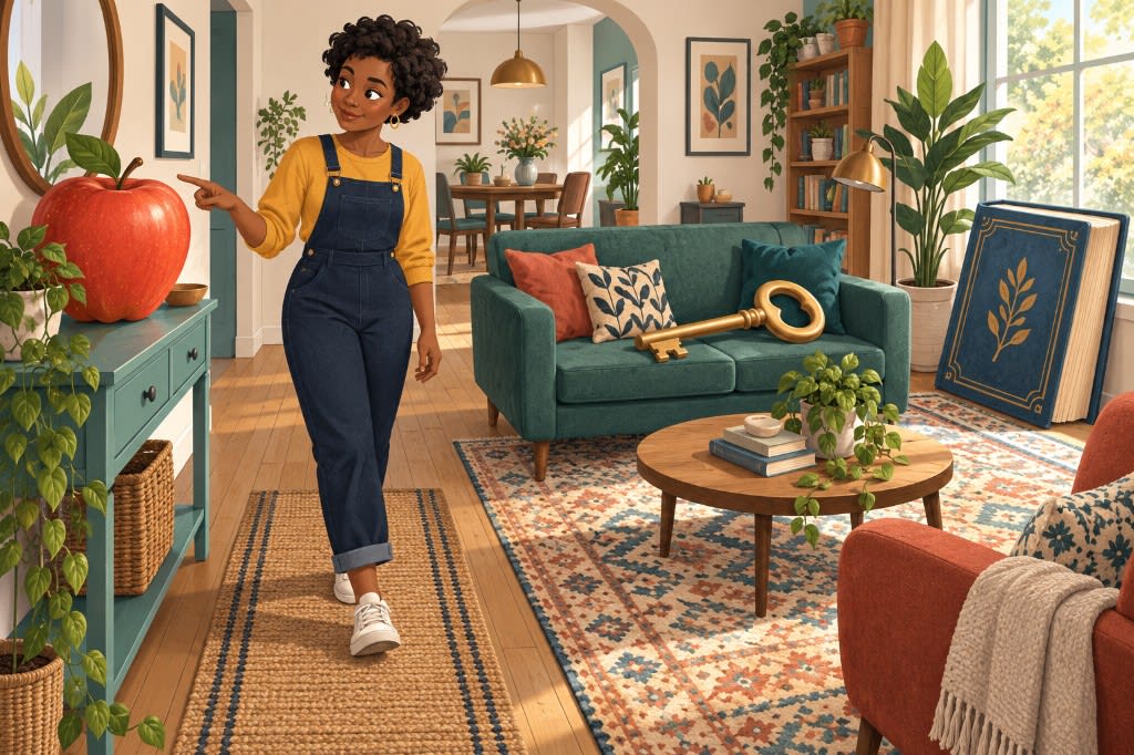 An illustration of a woman walking through her living room where oversized objects&mdash;an apple, a key, a book&mdash;have been placed on the furniture as memory cues