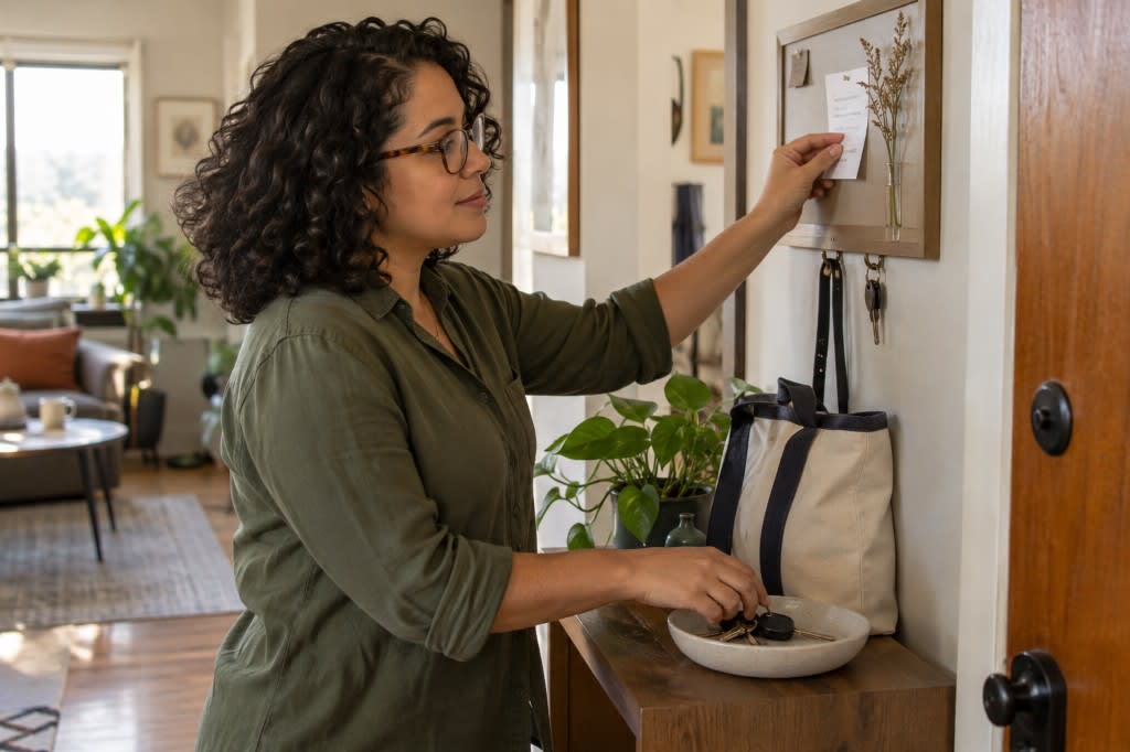 A woman at her entryway dropping her keys into a dish and pinning a note to a small board above it, offloading what she does not want to remember