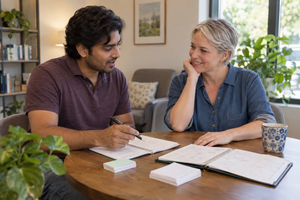 Two people at a table with open notebooks, one sketching out a review schedule while the other looks on