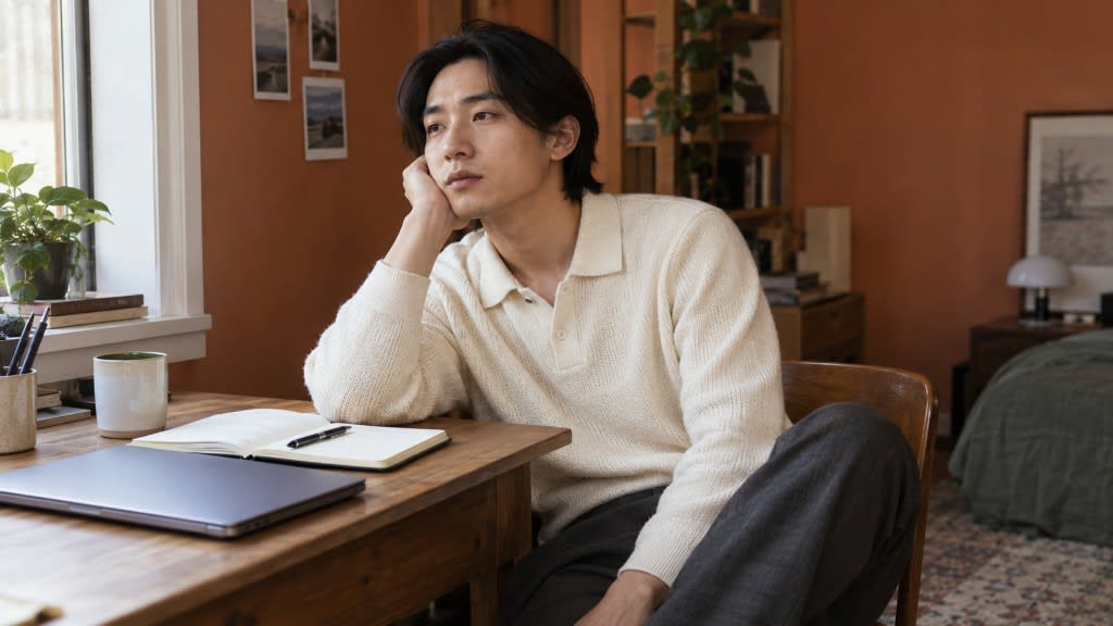 Man sitting at a desk with his chin in his hand, staring out the window with the mental fog of lethargy