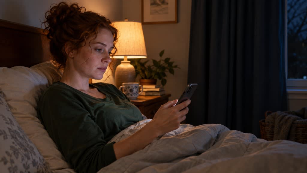 Woman lying in bed at night looking at her phone, a lifestyle habit that can leave you feeling lethargic the next day