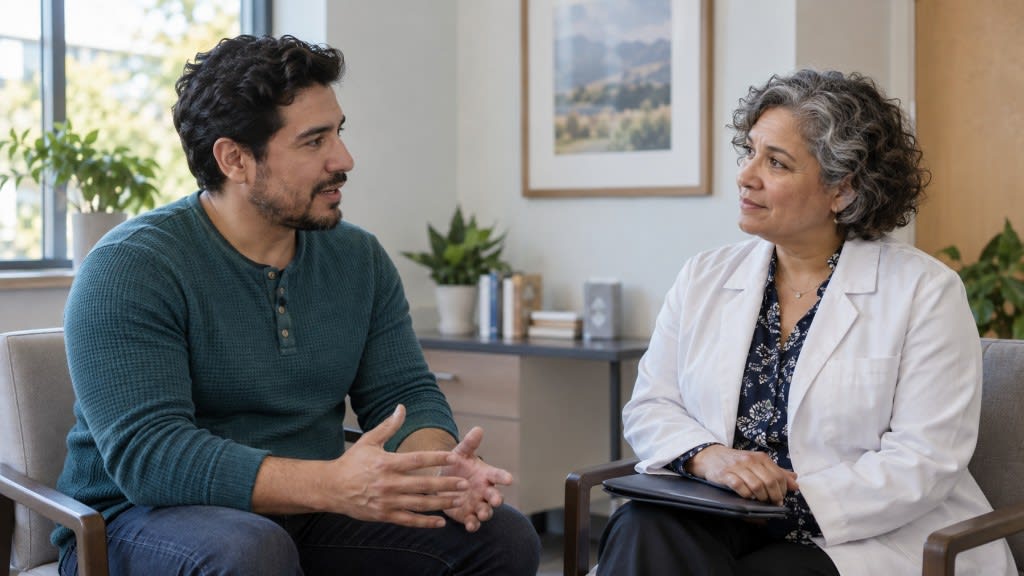 Man talking with a clinician in a white coat about whether lethargy needs a doctor or a therapist