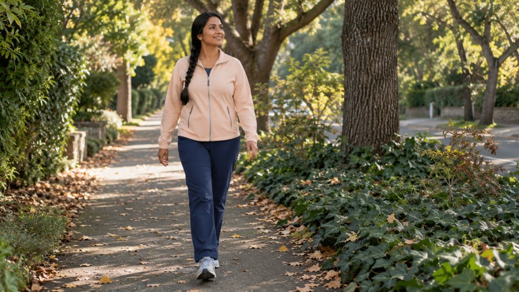Woman walking on a tree-lined path, taking a small daily step to reclaim energy when feeling lethargic