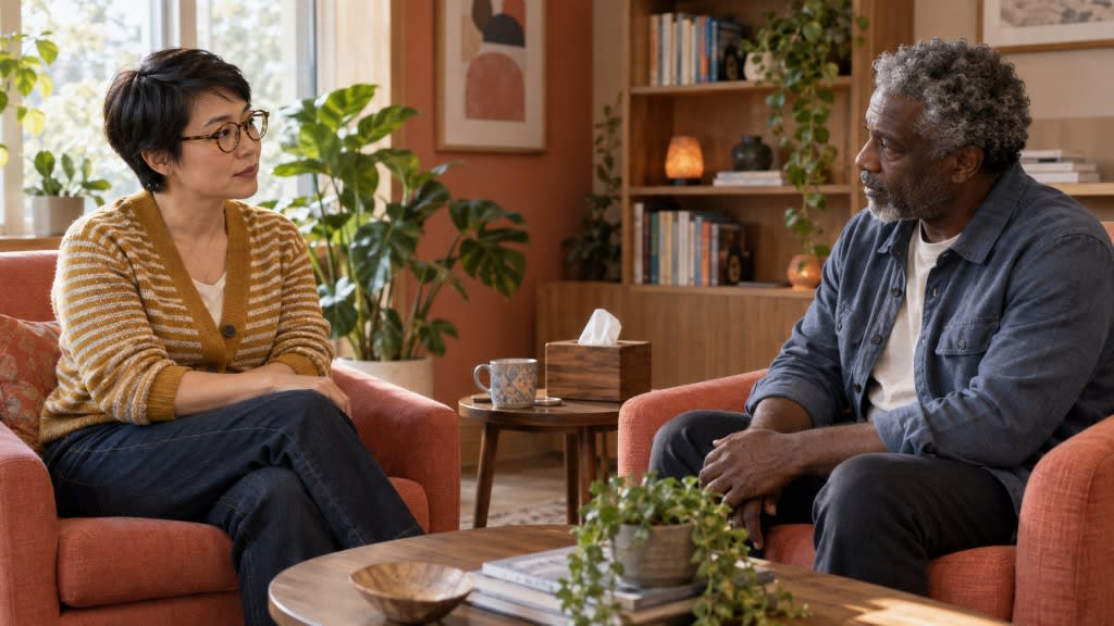 Therapist and client sitting across from each other, working through shame and self-blame about feeling lethargic