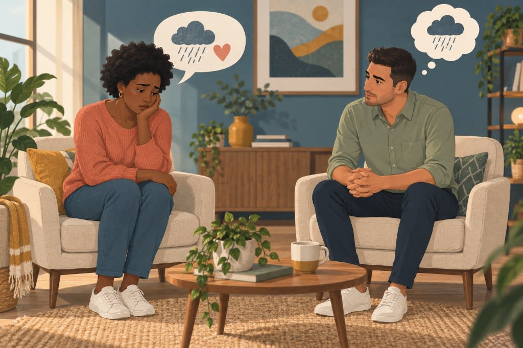 Two people sitting apart with rain-cloud thought bubbles, showing understanding without emotional connection in sociopathy