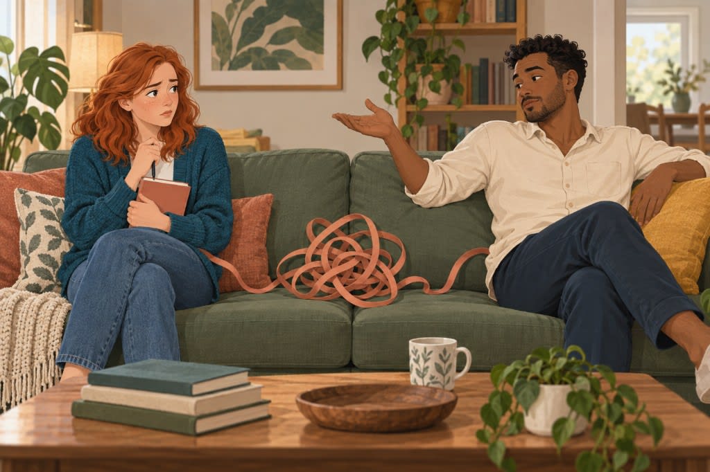 Couple on a sofa with a tangled ribbon between them, illustrating relationship confusion caused by sociopathic behavior