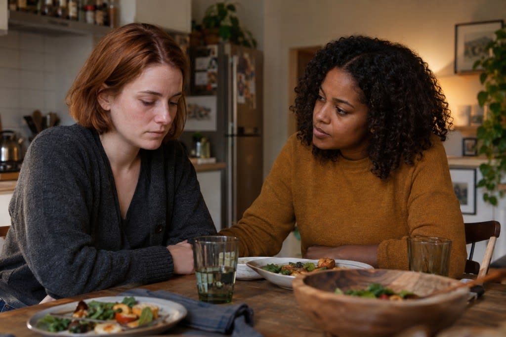 Two women at a dinner table looking distant, illustrating relationship and social signs of burnout