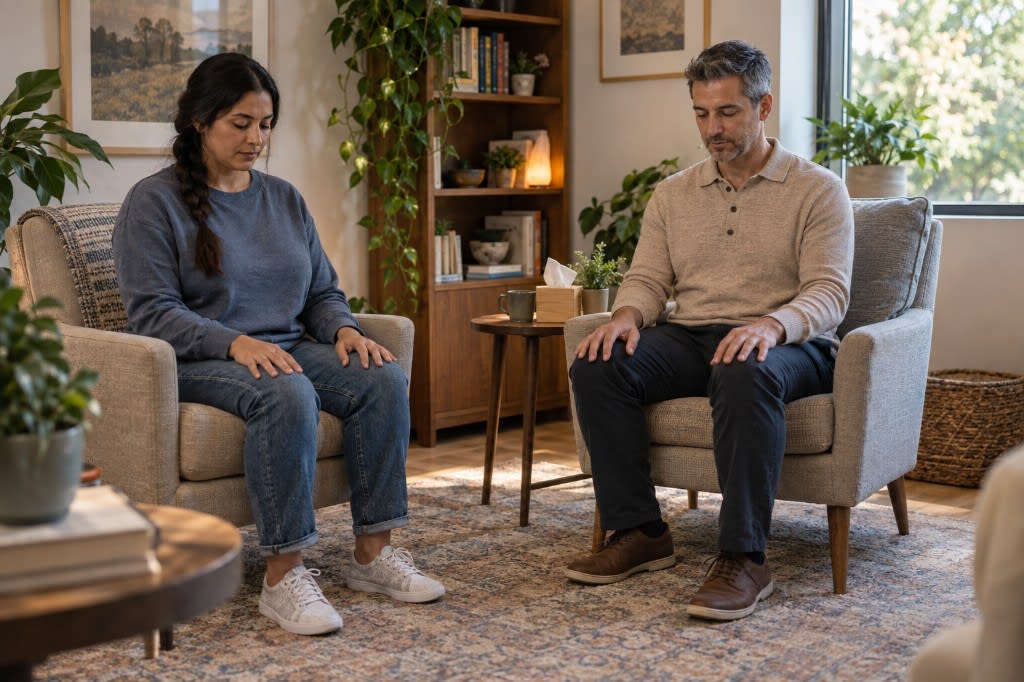 Therapist and client practicing a grounding skill for burnout recovery