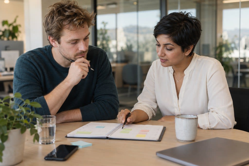 Colleagues planning a sustainable workload at an office table to prevent burnout
