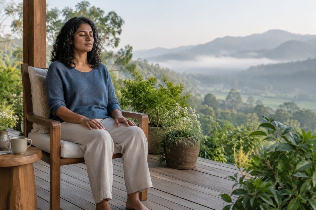 Woman sitting barefoot on a mountain porch with eyes closed, practicing mindfulness and rest at a spa retreat
