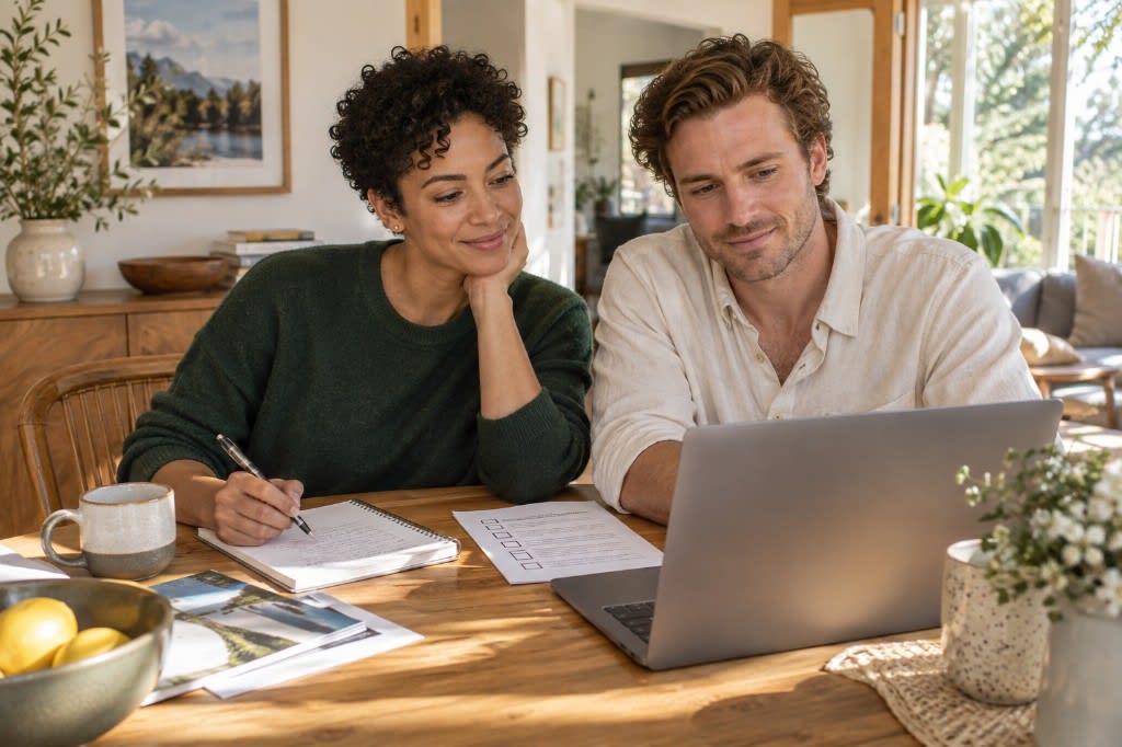 Couple reviewing retreat options at a kitchen table while choosing a spa or mental health retreat