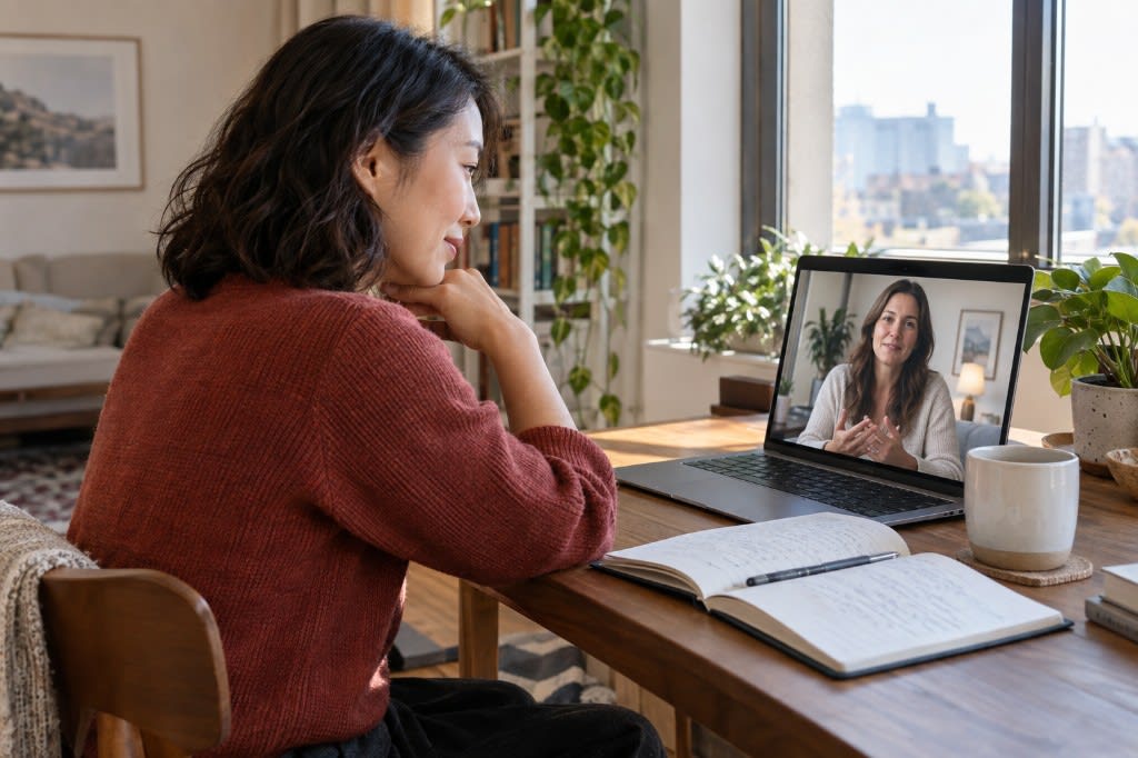 Woman in an online therapy session after a spa retreat, continuing mental health care at home