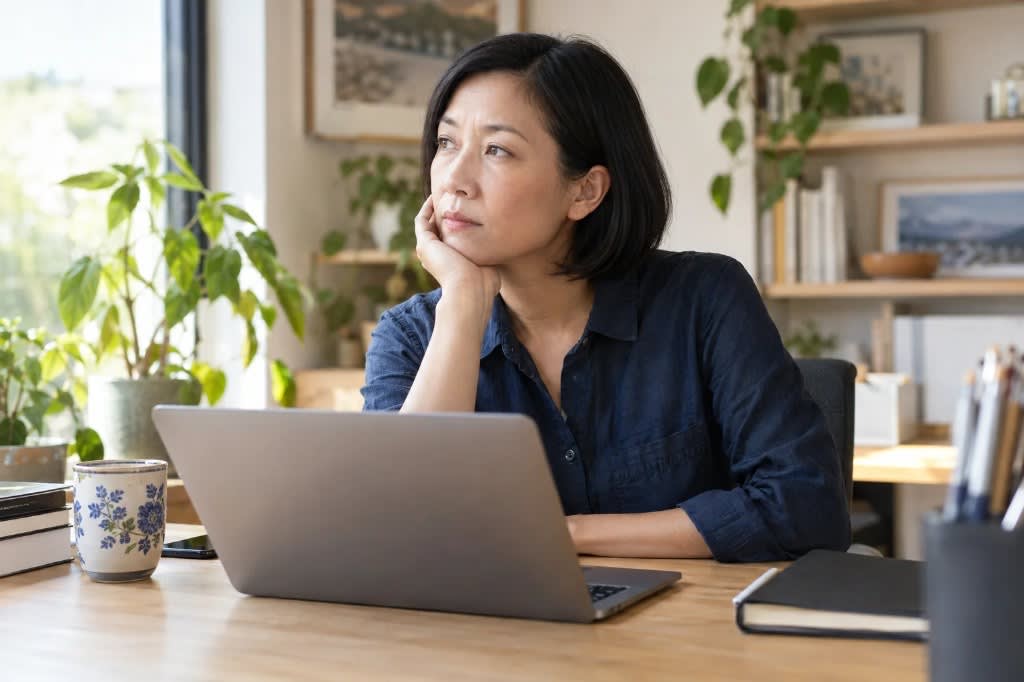 Woman at a laptop resting her chin on her hand, showing the flat mood and brain fog of perimenopause depression