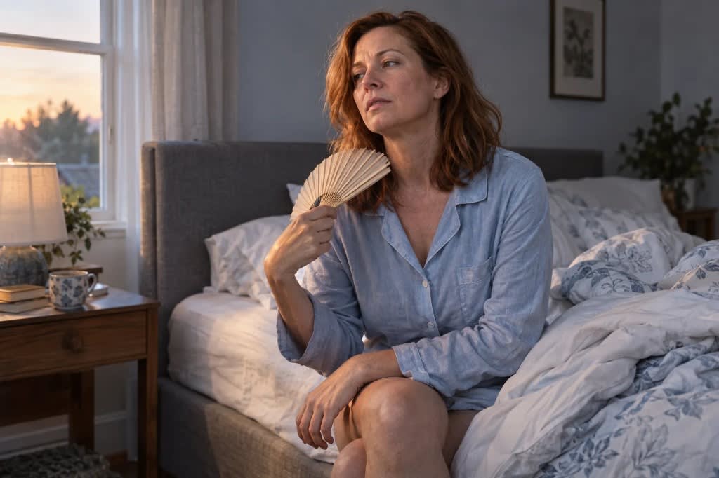 Woman sitting on her bed at dusk holding a fan, showing night sweats and sleep disruption in perimenopause