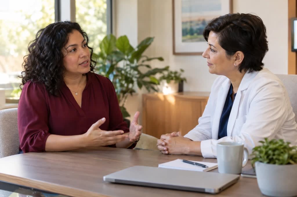 Woman talking with a clinician about evidence-based treatment for perimenopause depression