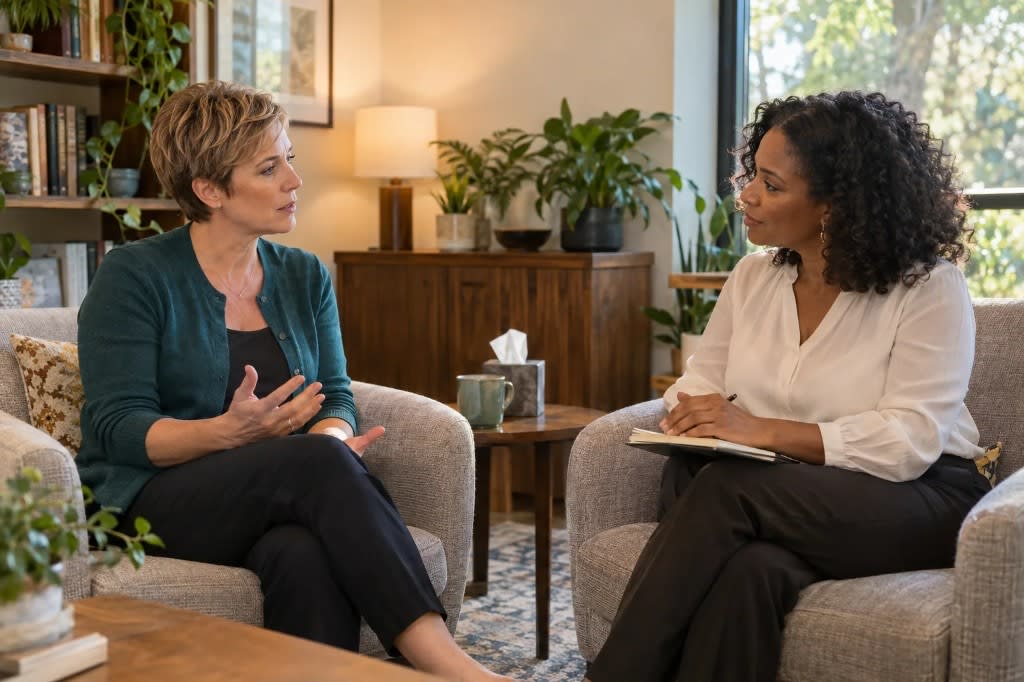 Woman in therapy talking through perimenopause depression with a clinician