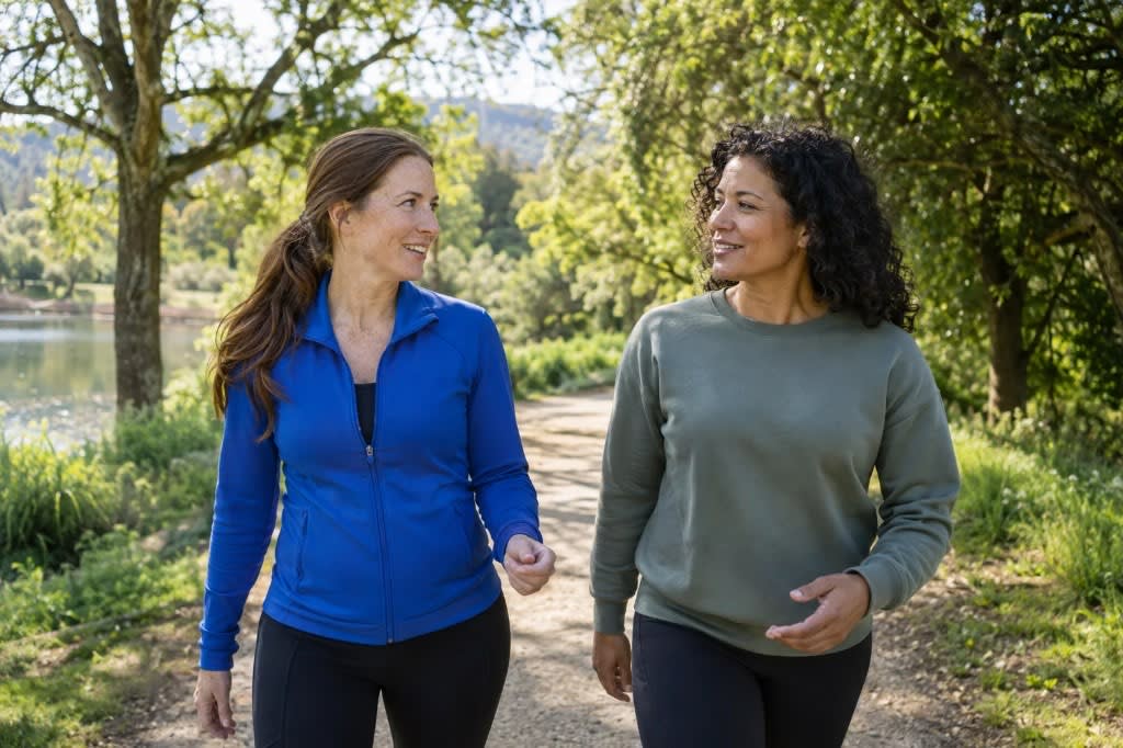 Two friends walking a park path, showing movement and connection as self-care for perimenopause depression