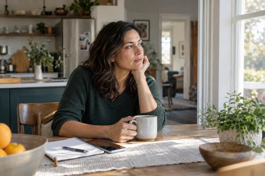Woman at a dining table with coffee looking out the window, showing the midlife load that raises perimenopause depression risk