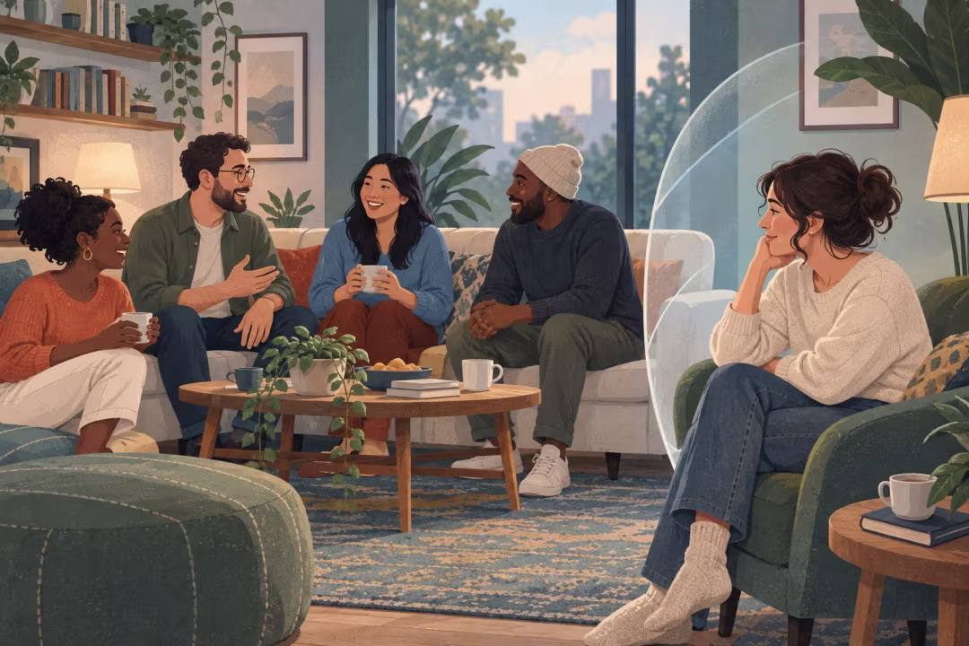 Friends talk together on a sofa while a woman sits apart in a glowing bubble.