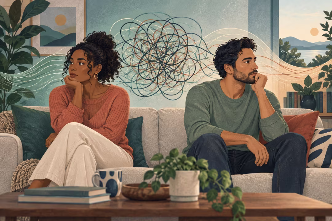 A couple sits on a sofa facing away from each other with a tangle of lines between them.