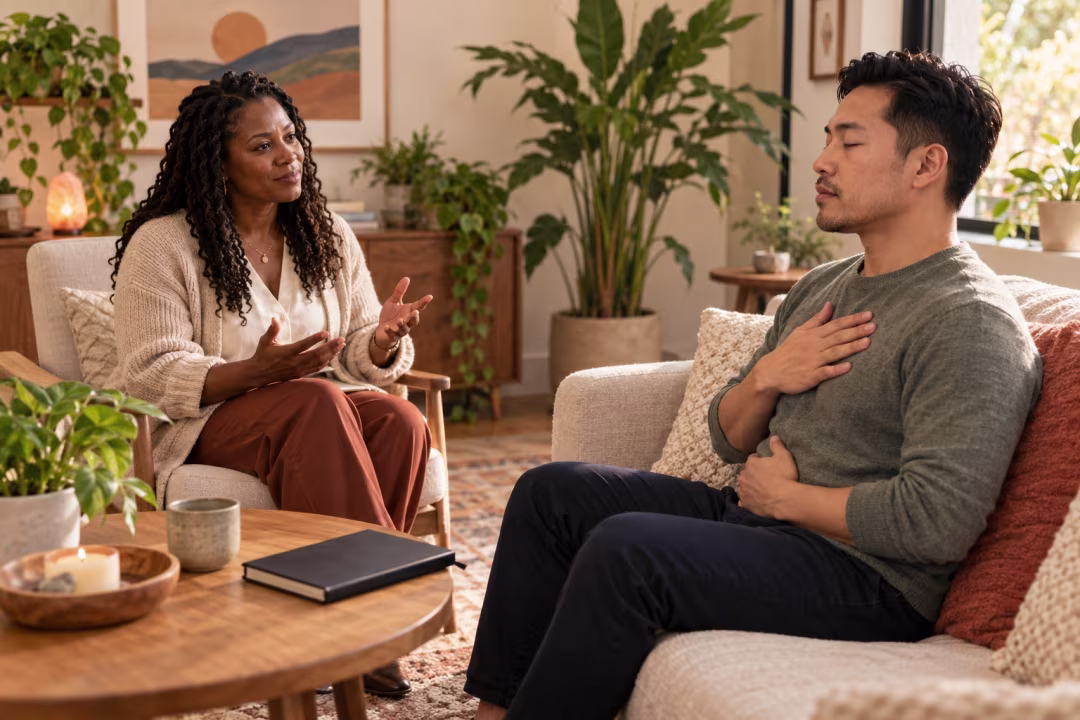 A therapist guides a client through a breathing exercise, his hands on his chest and abdomen.