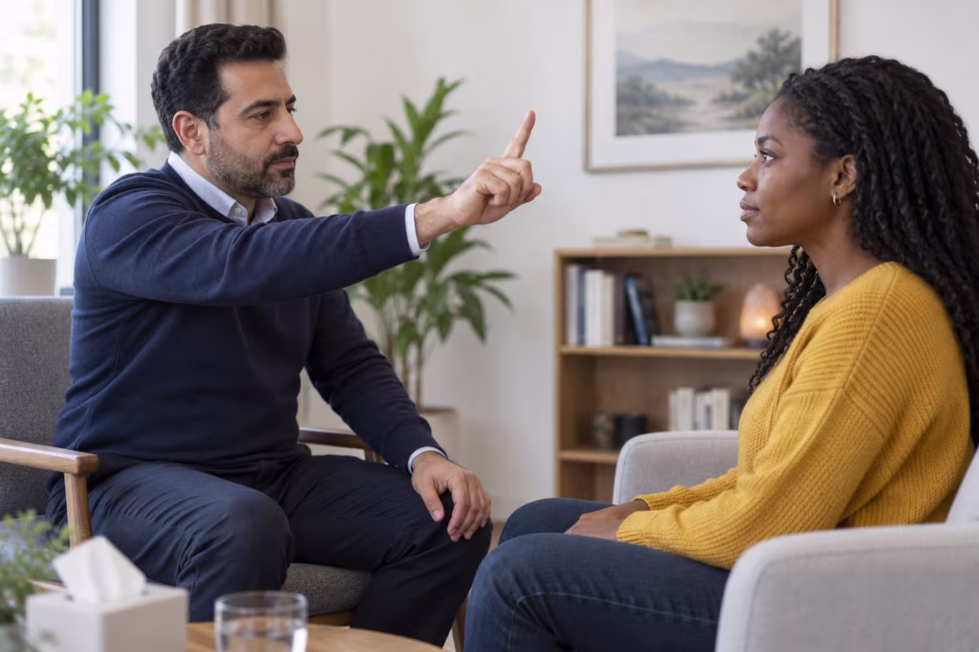 A therapist holds up a finger so a client can follow it with her eyes during EMDR.