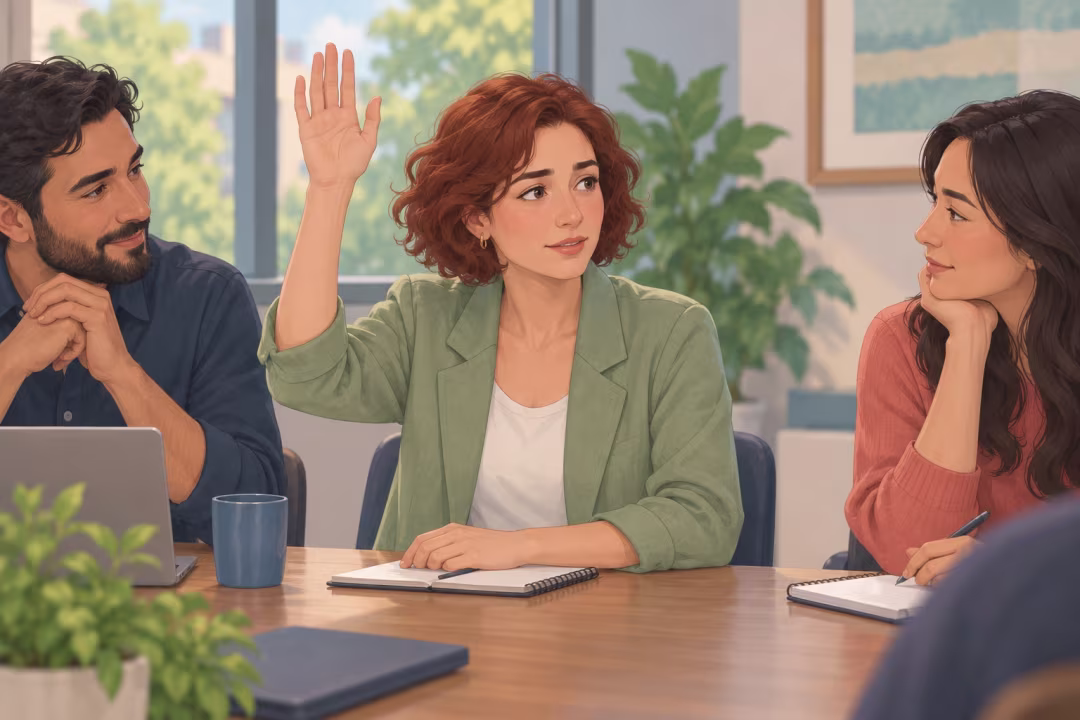 A woman asking a question during a meeting while colleagues listen attentively.