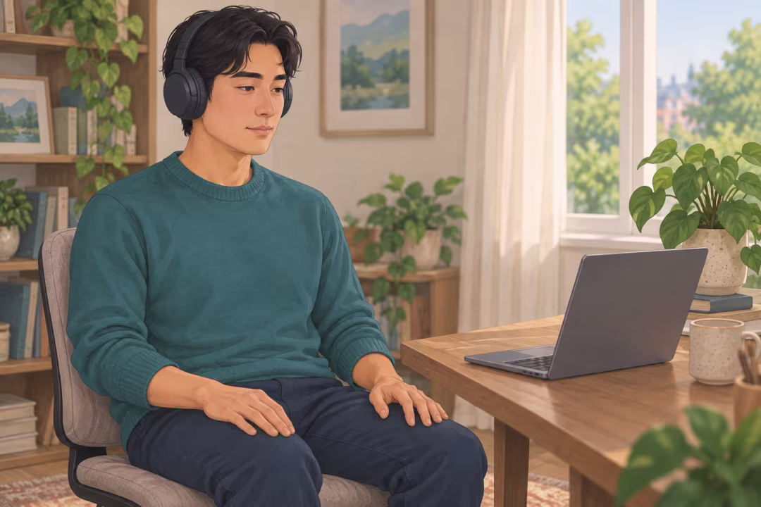 A man wearing headphones and practicing mindful awareness beside his laptop.