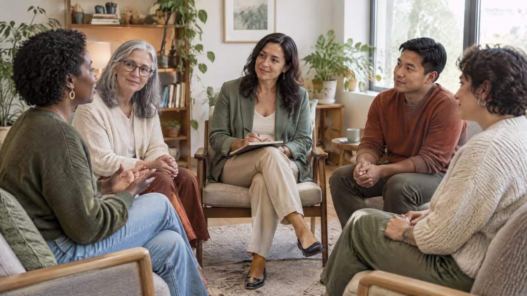 Diverse group of adults participating in a supportive grief counseling session for body grief