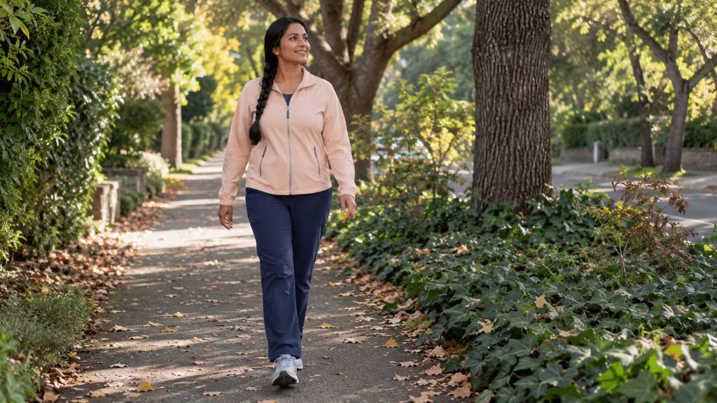 Woman walking on a tree-lined path, taking a small daily step to reclaim energy when feeling lethargic