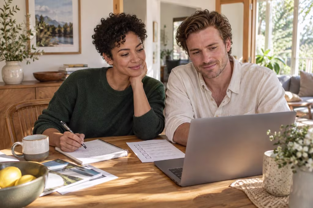 Couple reviewing retreat options at a kitchen table while choosing a spa or mental health retreat