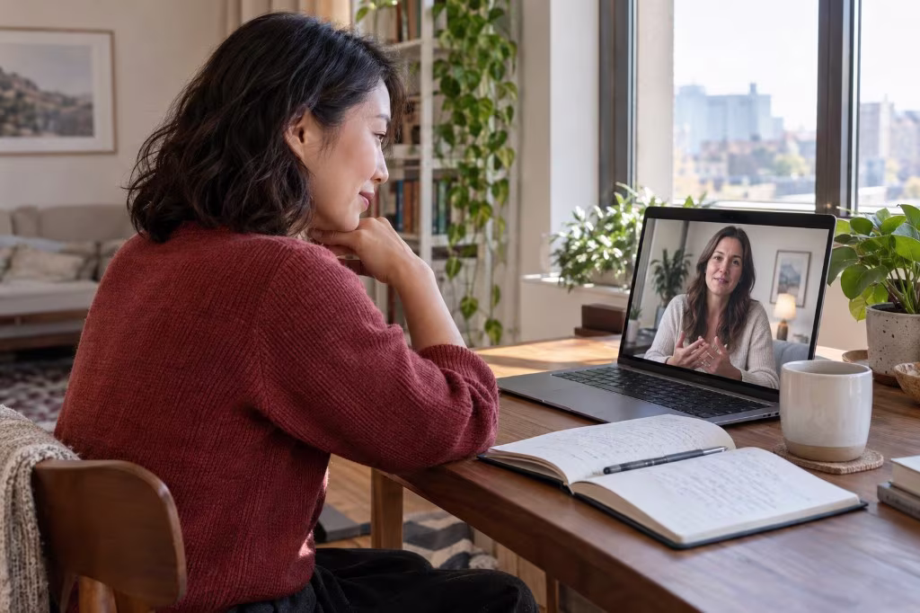 Woman in an online therapy session after a spa retreat, continuing mental health care at home