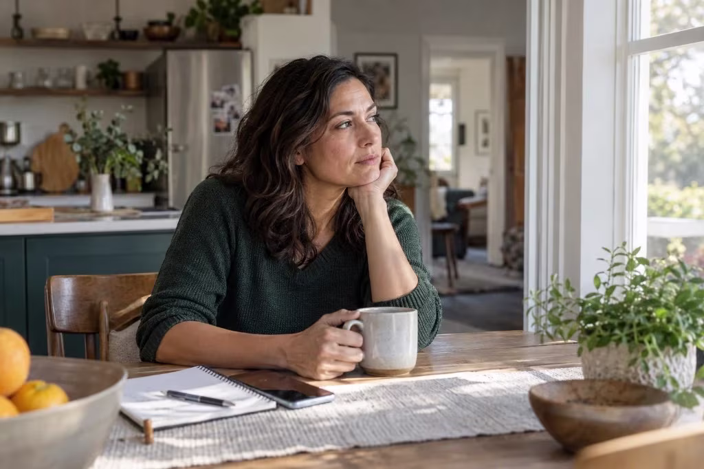 Woman at a dining table with coffee looking out the window, showing the midlife load that raises perimenopause depression risk