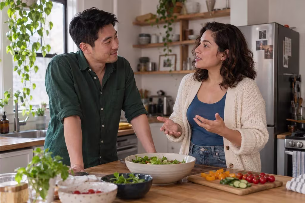 A man and a woman talk and smile while cooking together.