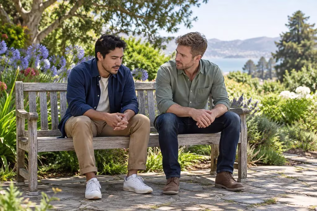 Empathy vs sympathy: one person listens closely while the other shares an emotional experience on a garden bench.