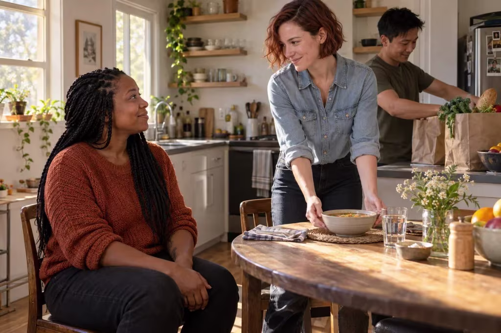 Compassion beyond sympathy and empathy: a woman offers a meal to help alleviate another person's suffering.