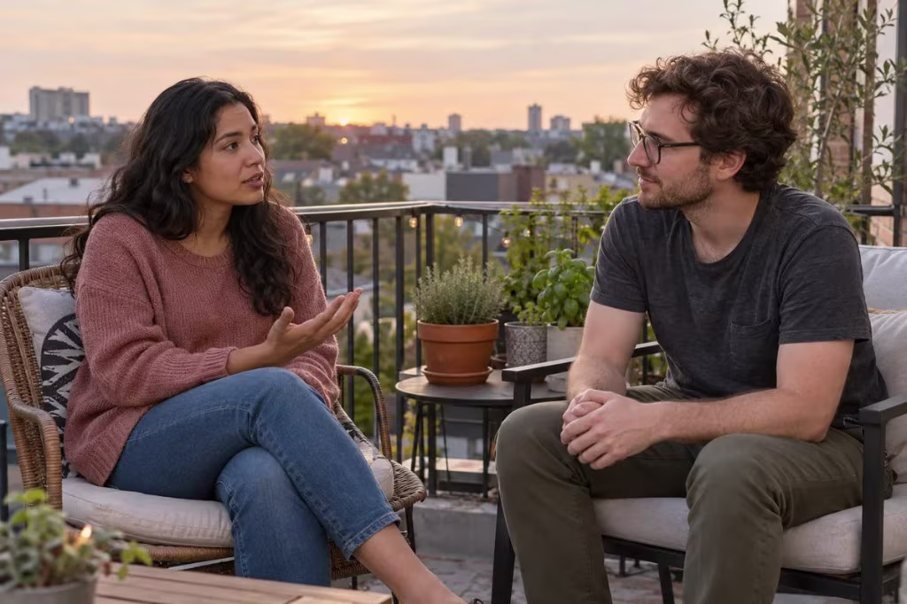 Sympathy vs empathy in daily life: cognitive empathy during a conversation about a person's feelings on a rooftop.