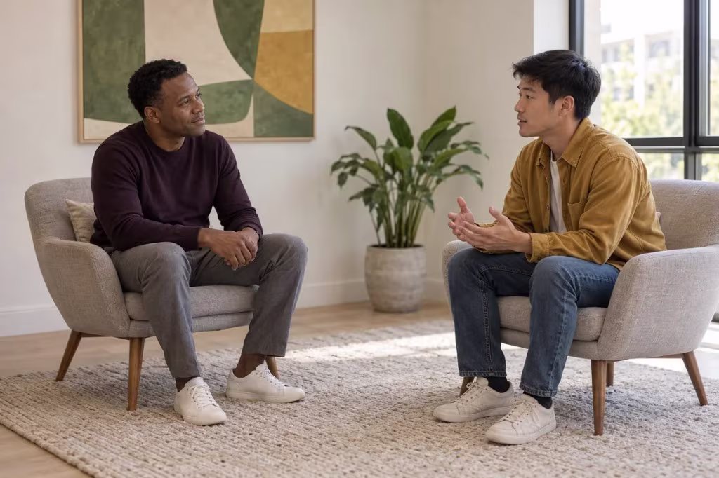 Why empathy matters in therapy and mental health care: one person listens while the other shares an emotional experience.
