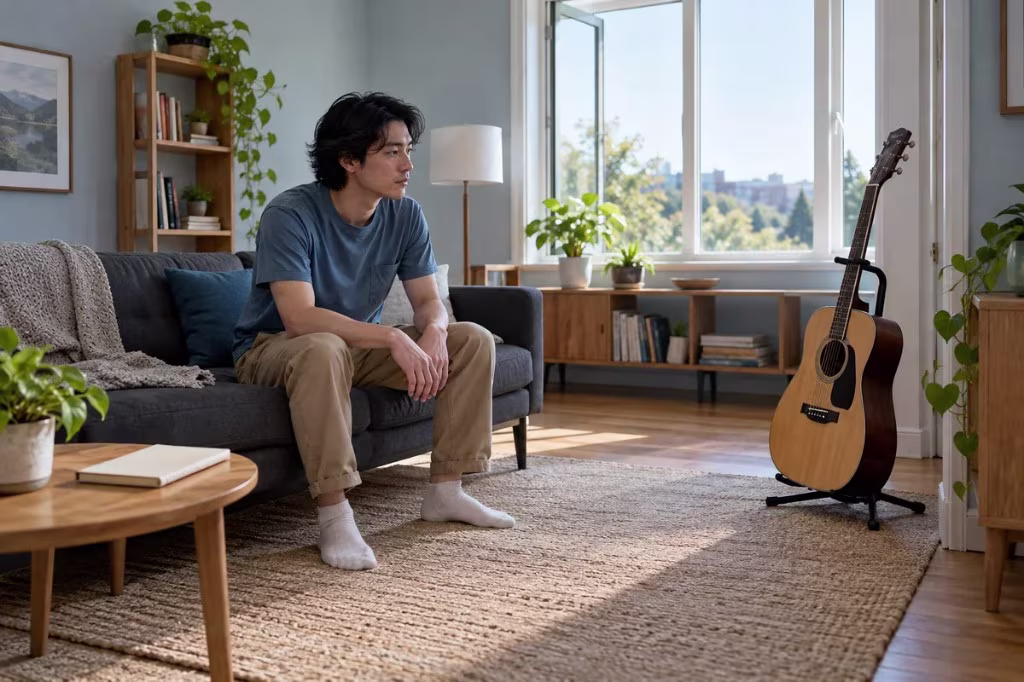 What is apathy: a man sits on the couch, indifferent to the guitar beside him.